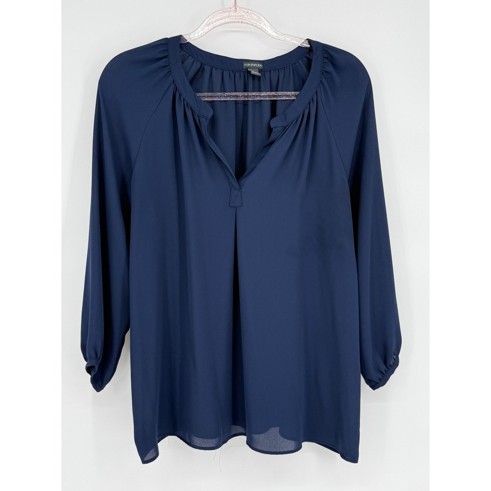 Porophrose Navy Blue 3/4 Sleeve Blouse‎ Top Elegant Career Sz M